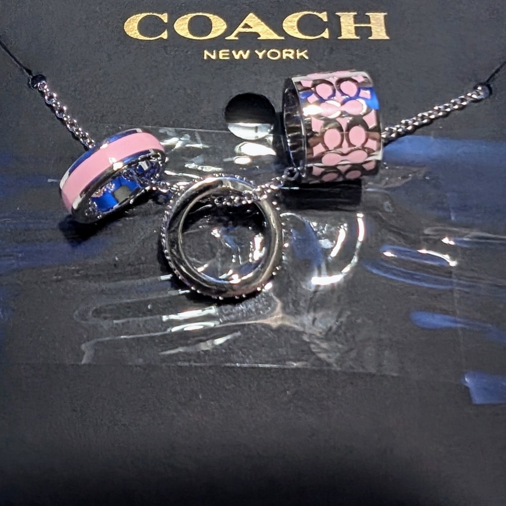Coach 3 Ring Necklace With Logo, Pink Enamel, And Crystal Rings On Silver Chain - Picture 4 of 5